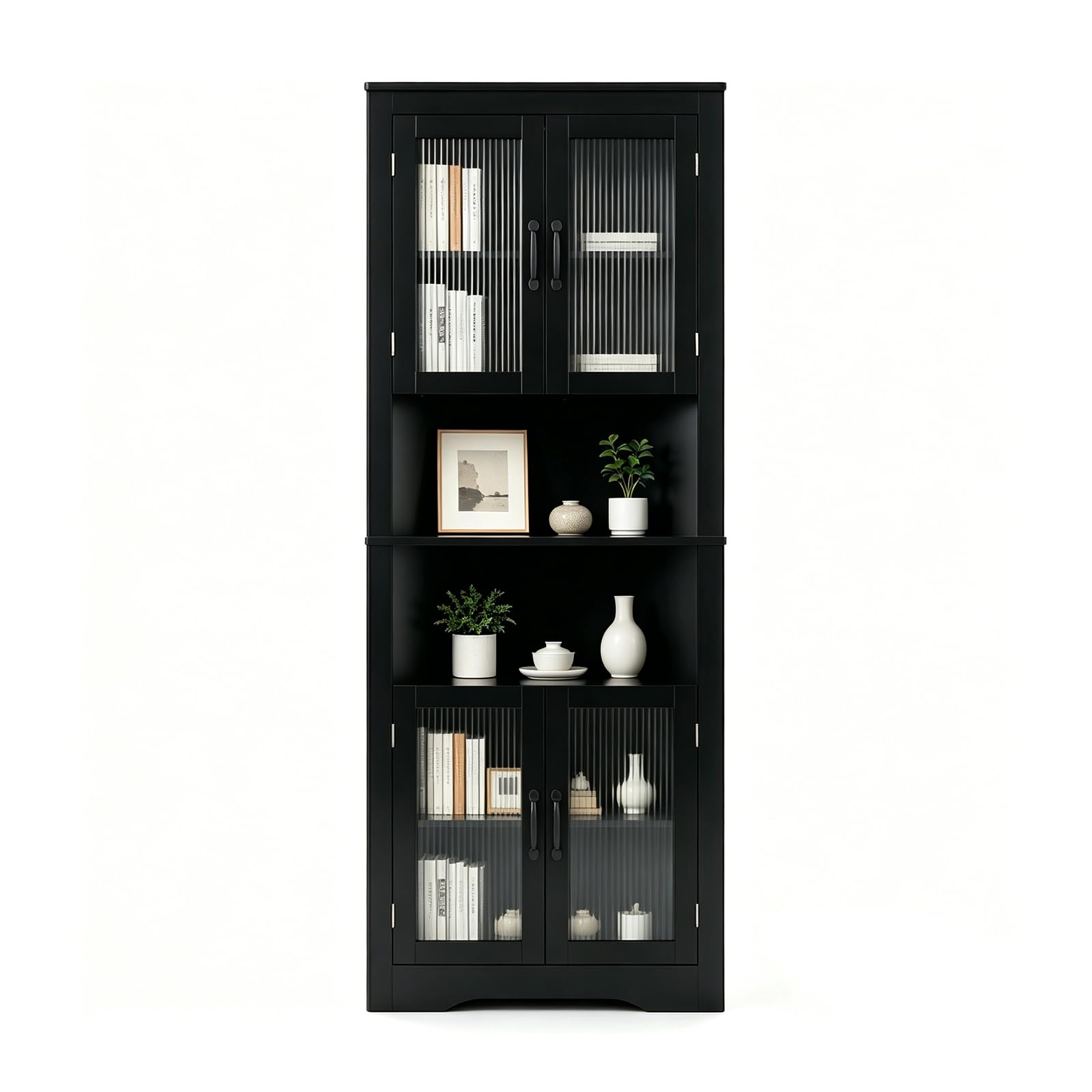 LIFEZEAL Mobile Bagno Angolare Salvaspazio, Armadio Bagno ad Angolo 66 x 35 x 171 cm, Credenza Cucina, Dispensa, con 6 Scomparti, 4 ante e 2 Ripiani Aperti, per Soggiorno, Cucina (Nero)