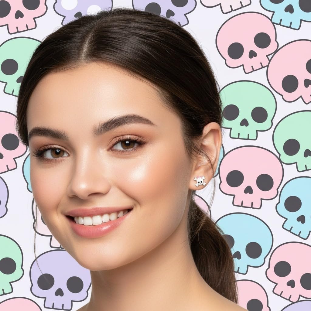 925 Sterling Silver Small Skull & Crossbones w/Pink Bow Stud Earrings 25195 - Image 3