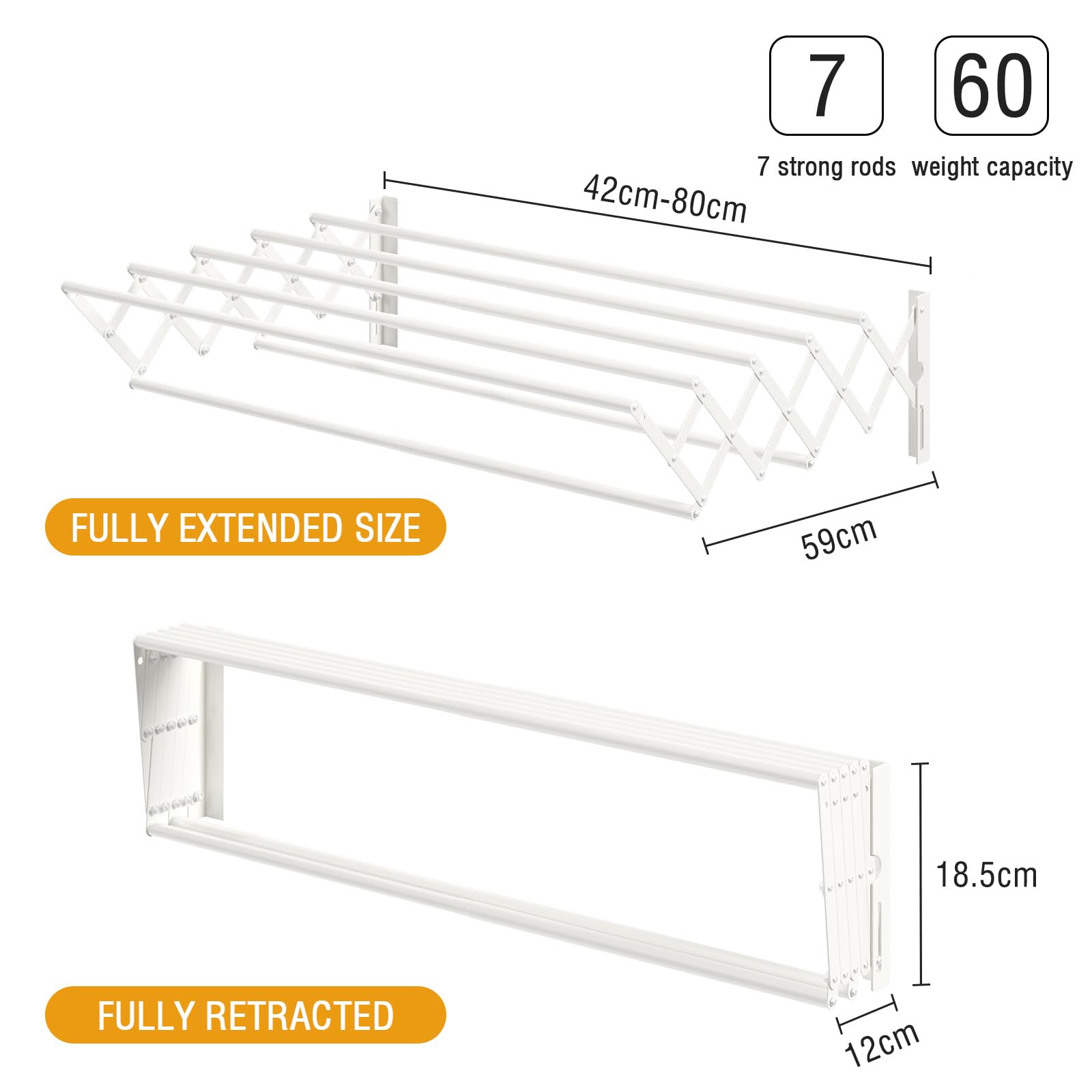 YOUDENOVA Wäscheständer Wandmontage, Wäschetrockner Wand ausziehbar mit 7 Stangen, platzsparender Trockenständer für Waschraum, Handtuchhalter aus Metall für Bad, (42-80) x 59 x 19cm, weiß