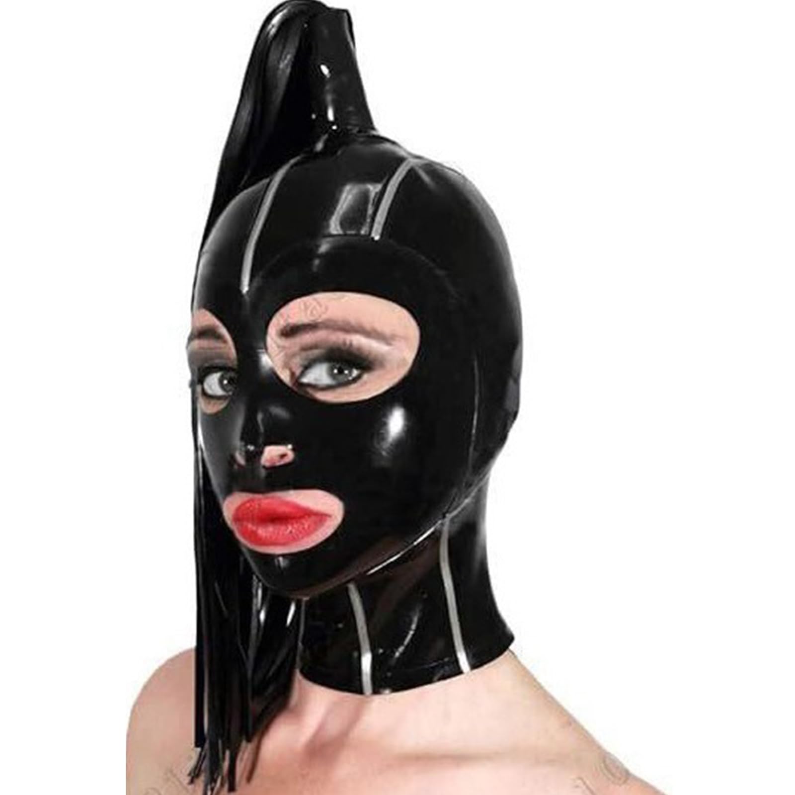 PRLBESL Latex Hood Halloween BDSM Full Face Mask with Nostrils and Mouth Black Handmade for Cosplay Costume Headdress(Size:S-63CM)