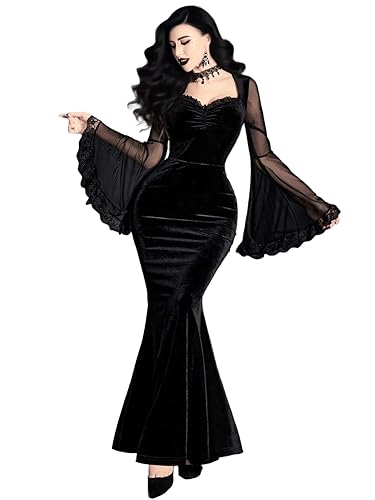 GothDark Women's Goth Dress Black Velvet Mermaid Mesh Bell Sleeve