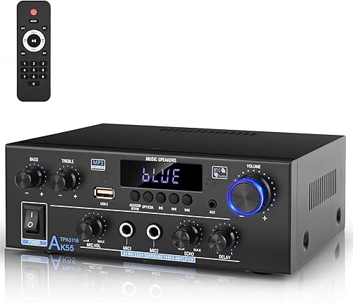 Romica Amplificador de audio estéreo, 2 canales 500 W Bluetooth 5.0 amplificador de potencia de cine en casa con FM, Echo, AUX, USB, SD, MIC,