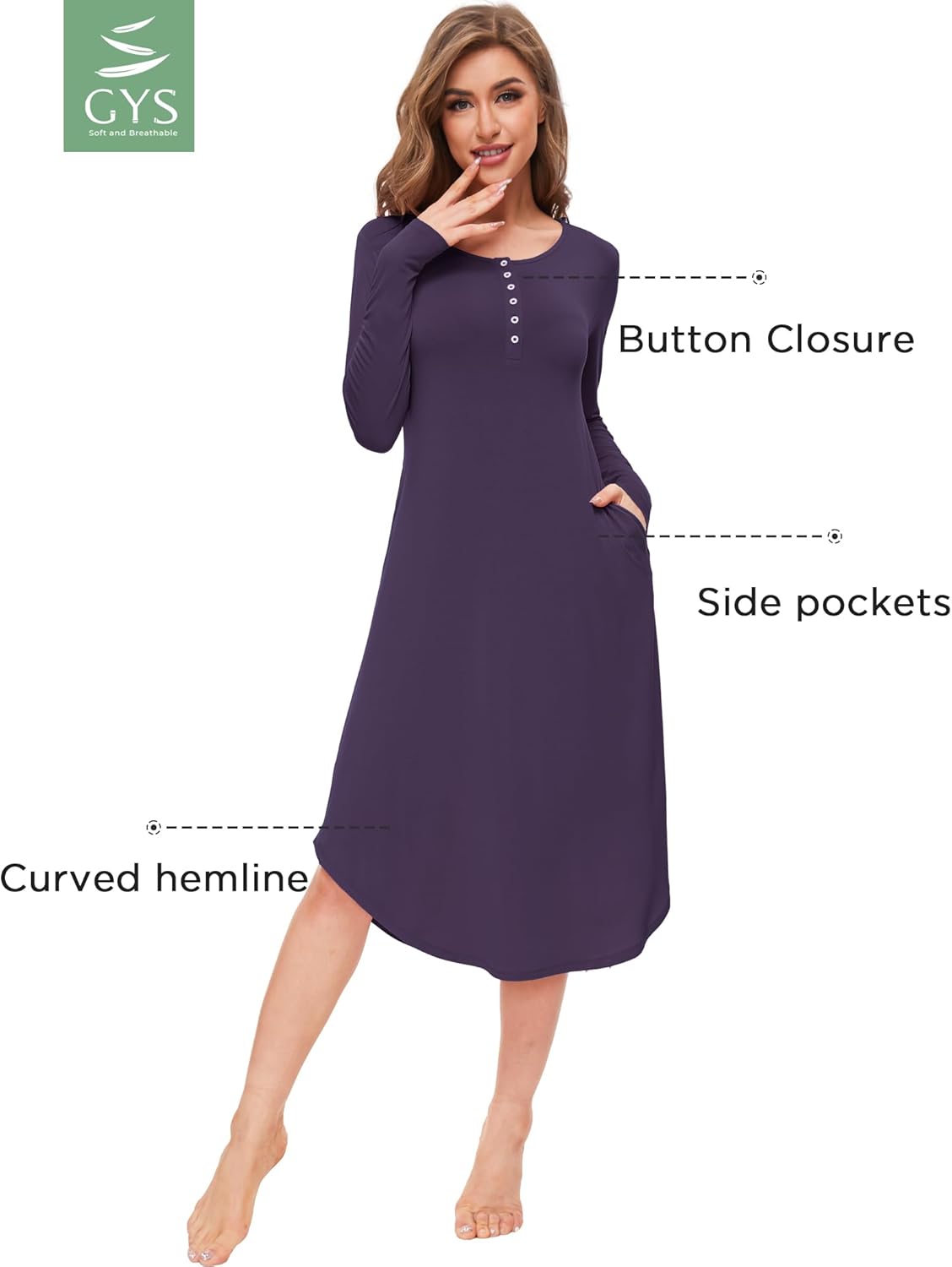 GYS Viscose Nightgowns for Women Soft Long Sleeve Sleep Shirt with Pockets Crewneck Nightdress Sleepwear - Image 4