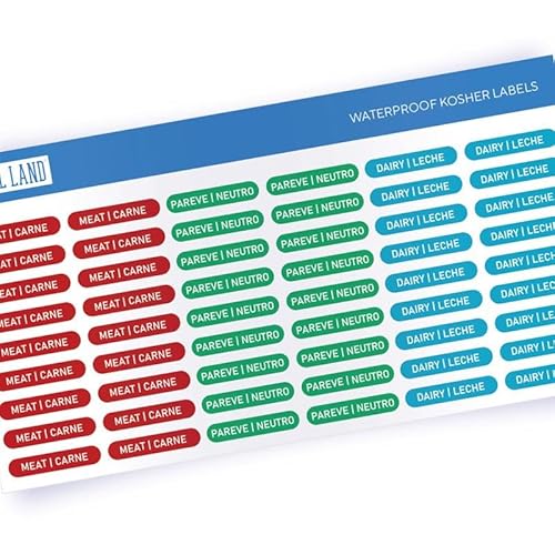 Label Land Kosher Sticker Labels (Spanish/English Text), Pack of 108 - Meat, Dairy and Pareve, Color Coded Labels for Food Labeling & Storage, Dishwasher Safe, Red Blue Green, 36 of Each Color