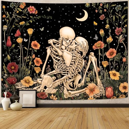 Accnicc Floral Skeleton Lovers Tapestry for Bedroom Gothic Skull Wall Tapestry Aesthetic Vintage Flower Plant Large Tapestries Wall Hanging for Living Room Dorm 80 x 60 Inch