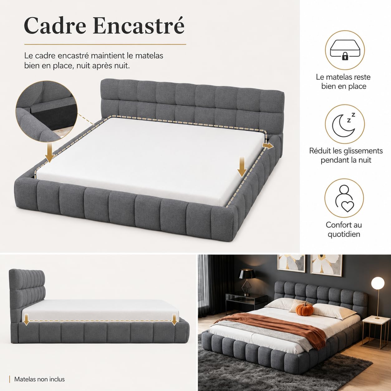 Lit double capitonné 140x190, lit Bubble avec sommier à lattes, tête de lit rembourrée, lit double élégant, idéal pour les chambres d'adolescents et les chambres d'hôtes (Lin gris, sans matelas)