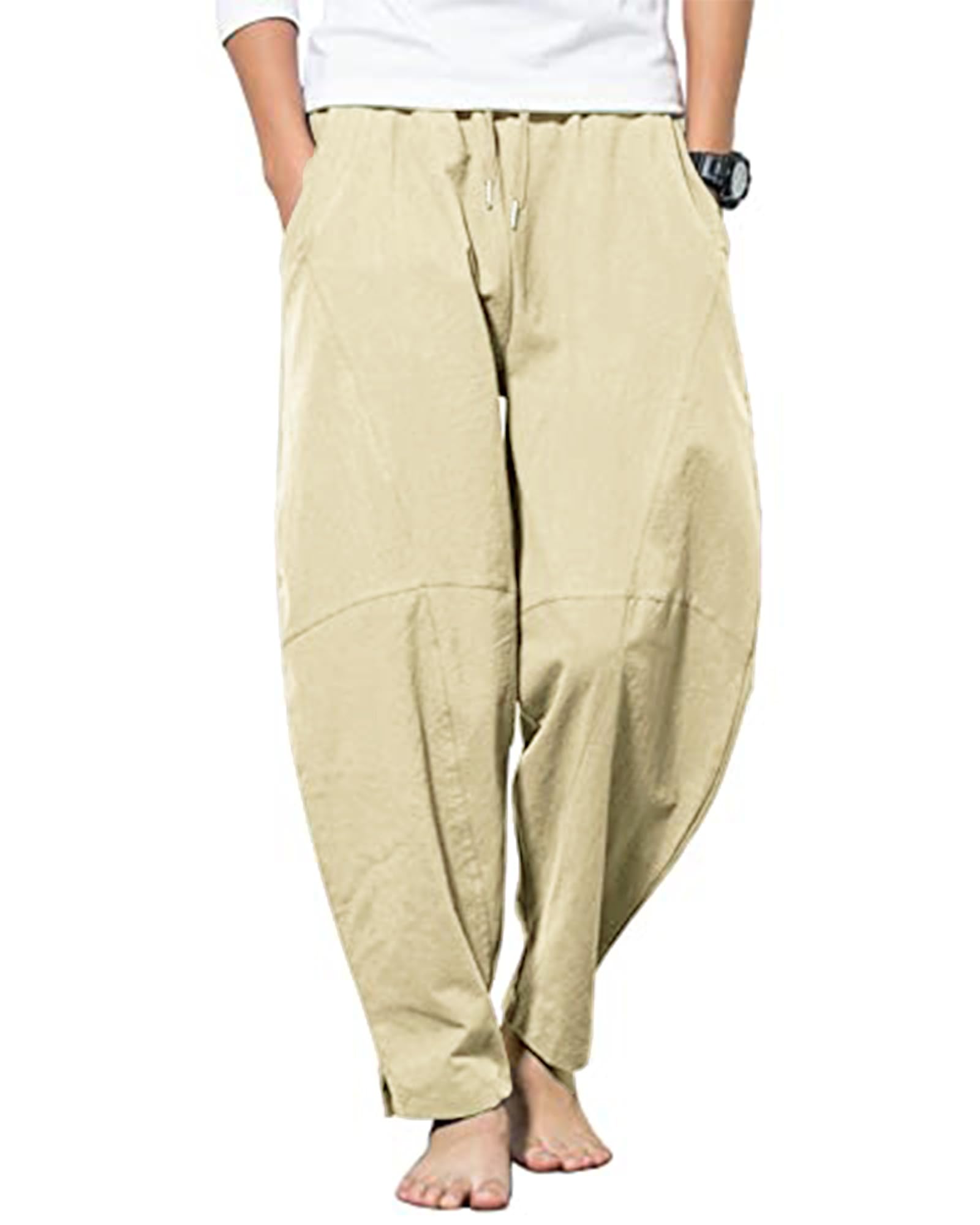 YAOBAOLE Herren Leinenhose Freizeit Loose Fit mit Taschen und Elastikbund
