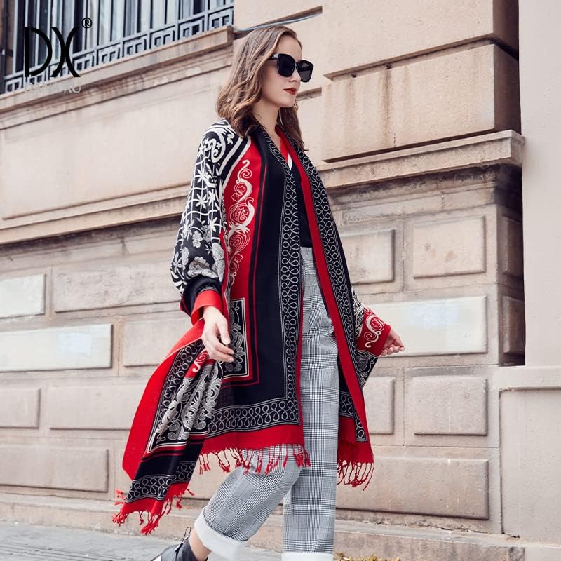 DANA XU 100% Merino Wool Pashmina Shawl for Women 96"x43", Oversized Cashmere Wrap with Tassels, Floral Travel Blanket Cape - Image 3