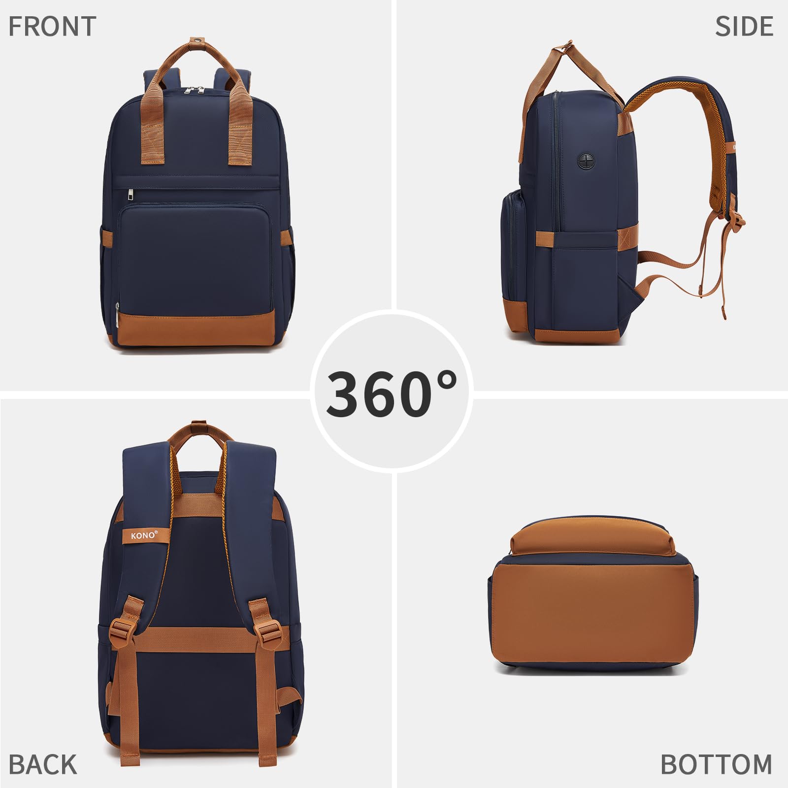 Kono Mochila para Ordenador Portátil 15,6 Pulgadas para Mujer, Elegante, Impermeable y Antirrobo de Gran Capacidad para Escuela, Universidad, Trabajo y Viaje (Azul oscuro/Marrón)