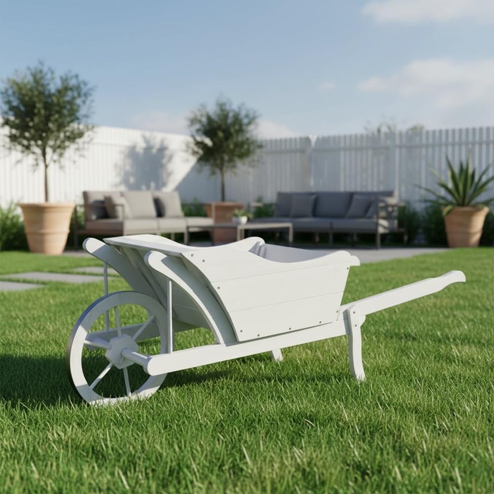 Mucola Pflanzschubkarre Blumenschubkarre Holz Deko 129x45x43 cm Weiß | und UV-beständig vorbehandelt, geräumige Ladefläche für Blumentöpfe und Kräuter, Blickfang für Terrasse und Balkon