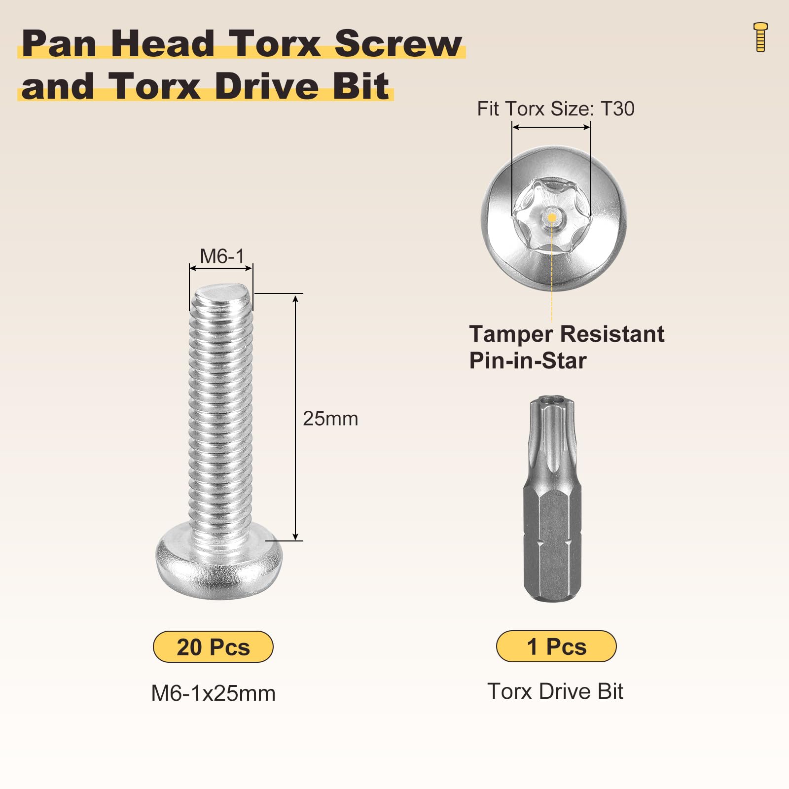 METALLIXITY Pan Head Torx Security Screw Bolts (M6-1x25mm) 20pcs - Image 2