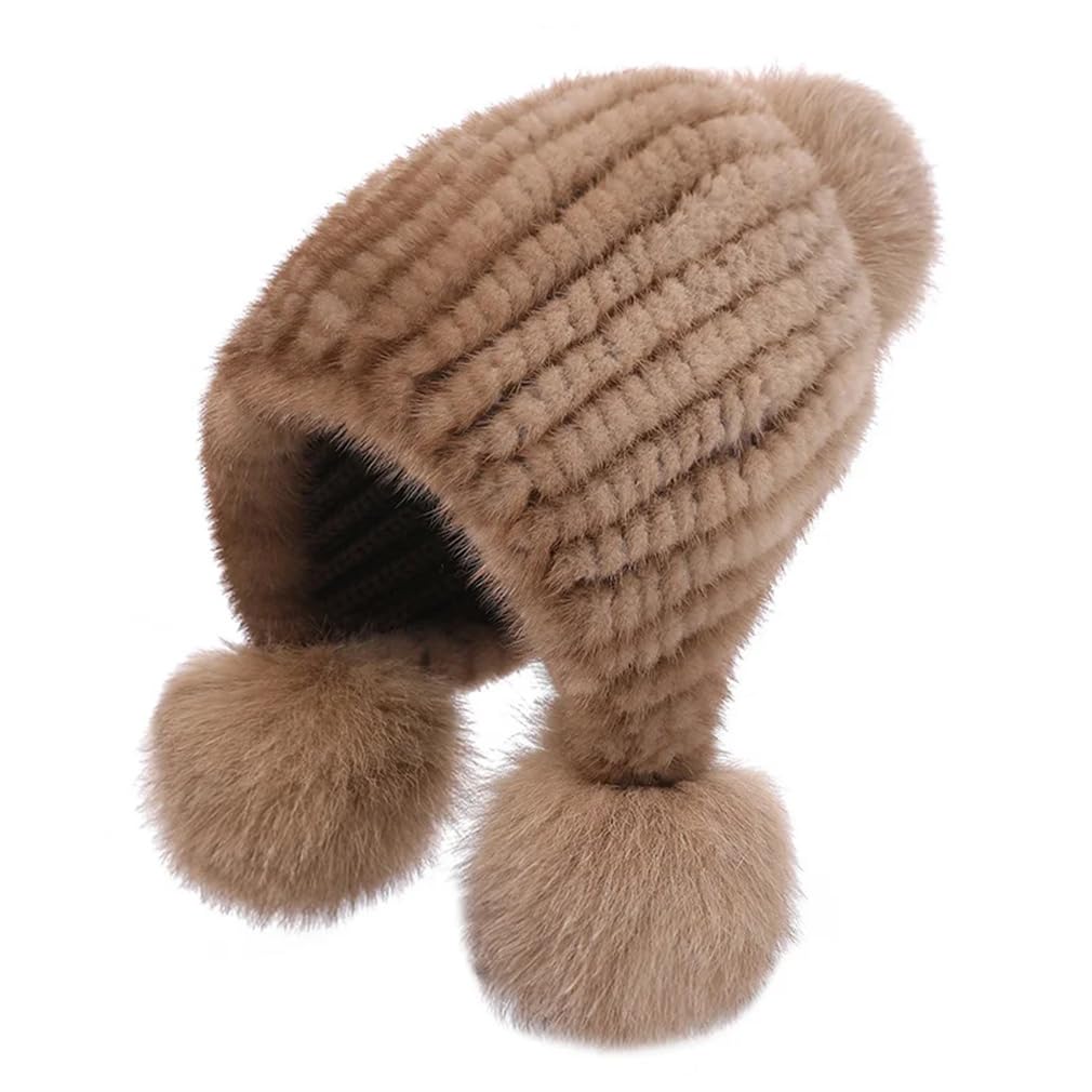Cappello da donna invernale lavorato a maglia, berretto russo con pompon spesso berretto da sci da neve cappelli elastici
