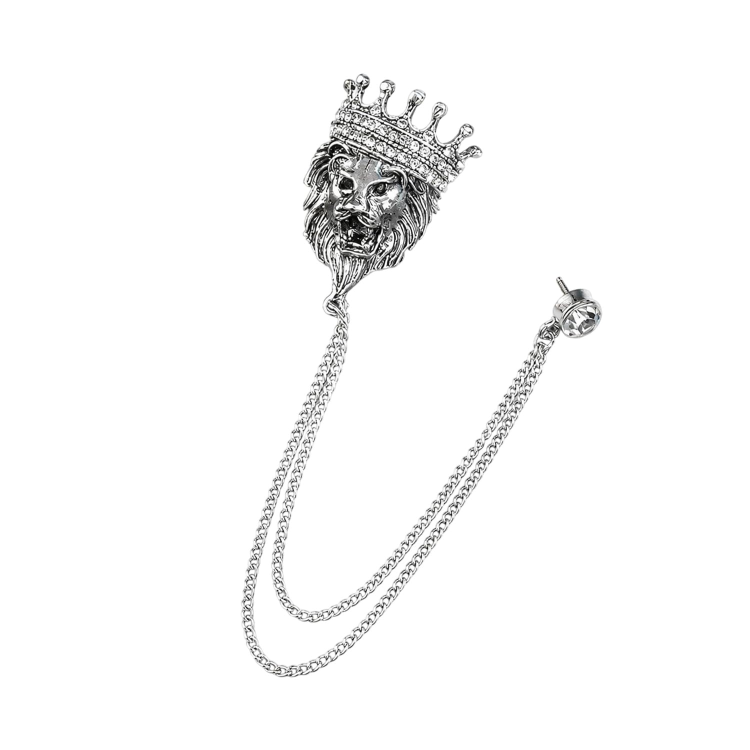 Men's & Women Classic Animal Lion Head Corsage Suit With Eagle Chain Lapel Pin Tassel Brooch Pin with Crystal Chain(Ancient silver crown lion head)-image-20