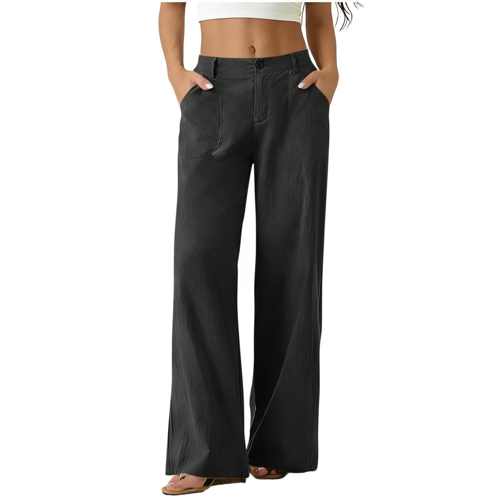 Pantaloni Donna Estivi in Cotone e Lino Eleganti Elastico Vita Alta Pantaloni Lino Donna Larghi Curvy Leggeri e Comodi a Gamba Larga Casual Yoga Pantalone Gamba Dritta con Tasche per Business Ufficio