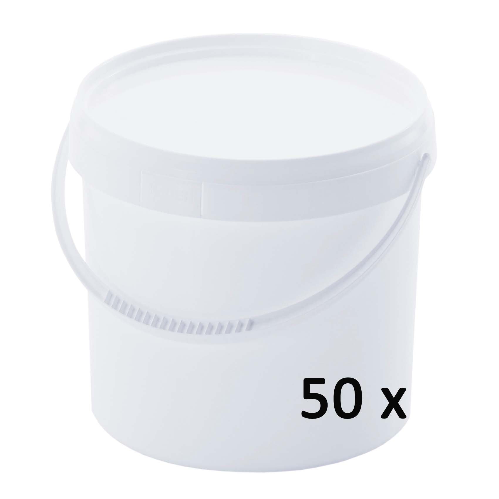 plasteo® 50 x 5 Liter Kunststoffeimer Behälter Kübel mit Schnappverschlussdeckel und Henkel | Lebensmittelechter Kunststoff | Stabil und Stapelbar | Fest Verschließbar | BPA Frei | Weiss