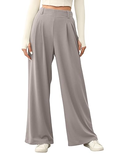 EVALESS Womens Wide Leg Casual Pants Summer Elastic High Waisted Waffle Knit Pants Trousers with Pockets - Small - Light Grey