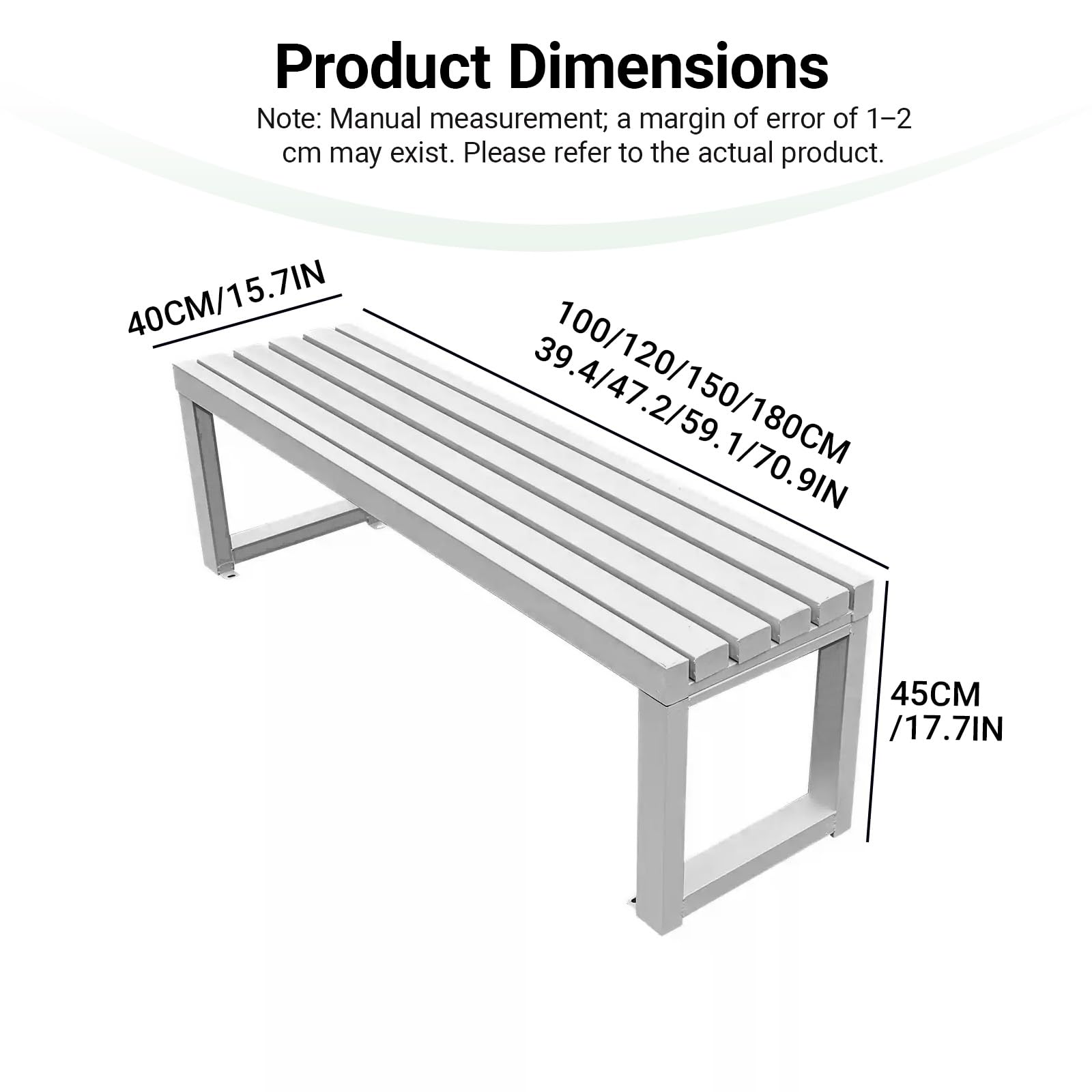 Banc de jardin moderne en métal avec dossier nu, imperméable de 120 cm de long, chaise longue pour intérieur/extérieur, siège de parc multicolore – Parfait pour les écoles, les cours et les jardins.