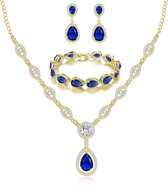SAKUNALA Bridal Wedding Jewellery Set for Women, Silver Teardrop Bracelet Necklace Earring Set, Cubic Zirconia Pendant Necklace Dangle Earring for Bridesmaid, Bracelet for Women, Silver/Gold/Rose Gold