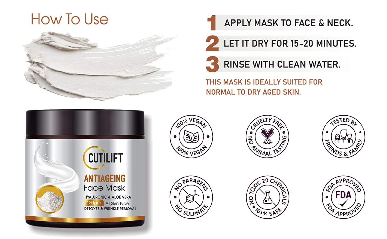 Cutilift AntiAgeing Face Mask with Hyaluronic Acid Hydrating Clay Mask for Wrinkles, Fine Lines & Skin Firming – Deep Cleansing & Moisturizing 120gm 2