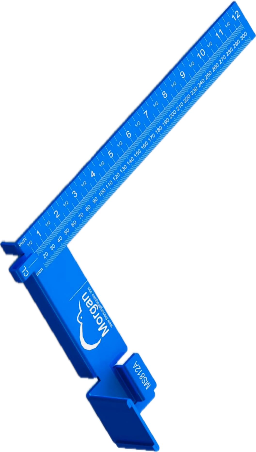 Morgan Square - Escuadra de carpintero de 8 x 12 pulgadas (aluminio azul) compatible con la mayoría de cintas métricas, medición y marcado de diseño de movimiento único, marca de línea
