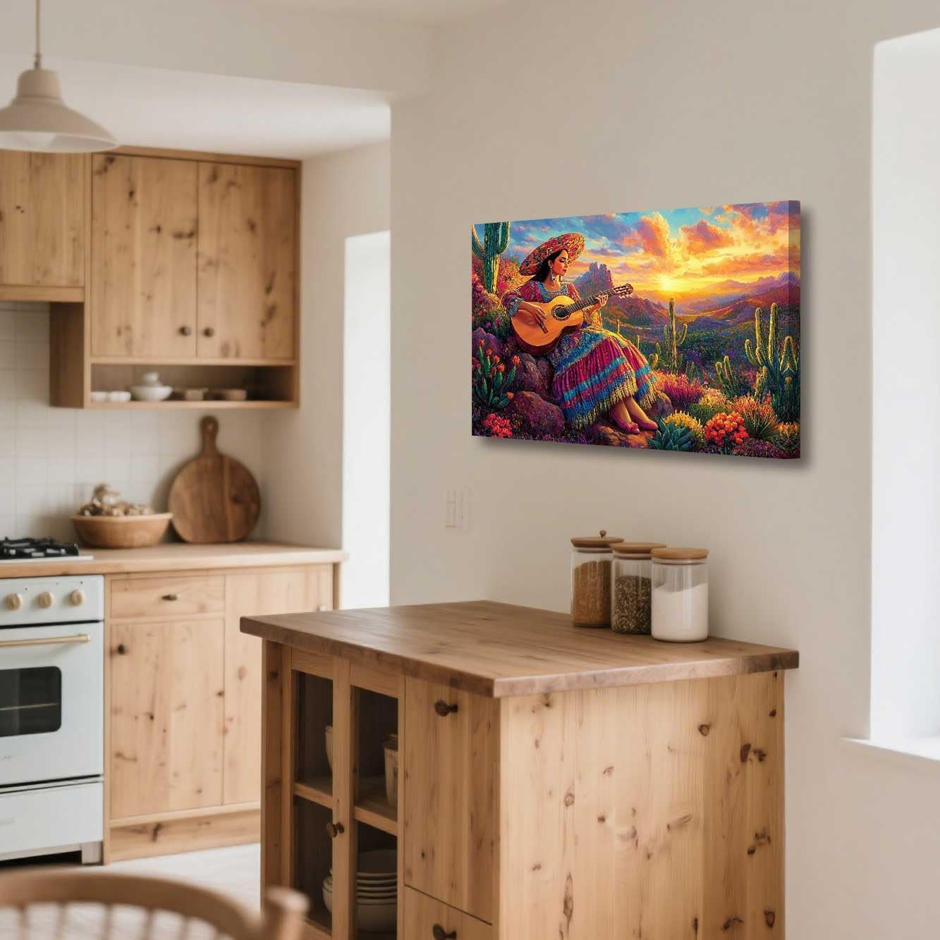 ZSHARTSWD Mexican Wall Art Mexican Woman Playing Guitar Pictures Cactus Landscape Canvas Prints Southwest Desert Painting for Living Room Home Decor Framed (Pink, 24L x 16W)