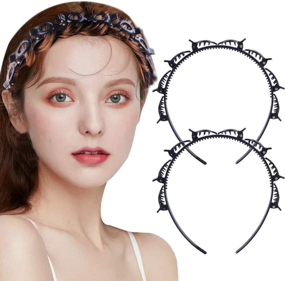 2 Pcs Double Layer Twist Plait Headband Hair Tools, Multi-Layer Hollow Woven Headband, Double Bangs Hairstyle Hairpin Hair Accessories for Women's Lady Girls (Black)