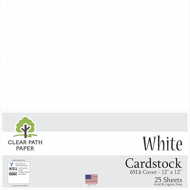 White Cardstock - 12 x 12" / 30,5 cm x 30,5 cm - 65Lb Cover / 176gsm - 25 Sheets - Clear Path Paper