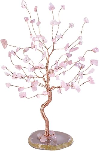Miniatura 3 de SUNYIK Juego de árbol de dinero de cristal de cuarzo rosa hecho a mano sobre base de rodajas de ágata natural, árbol de la vida, cristales curativos