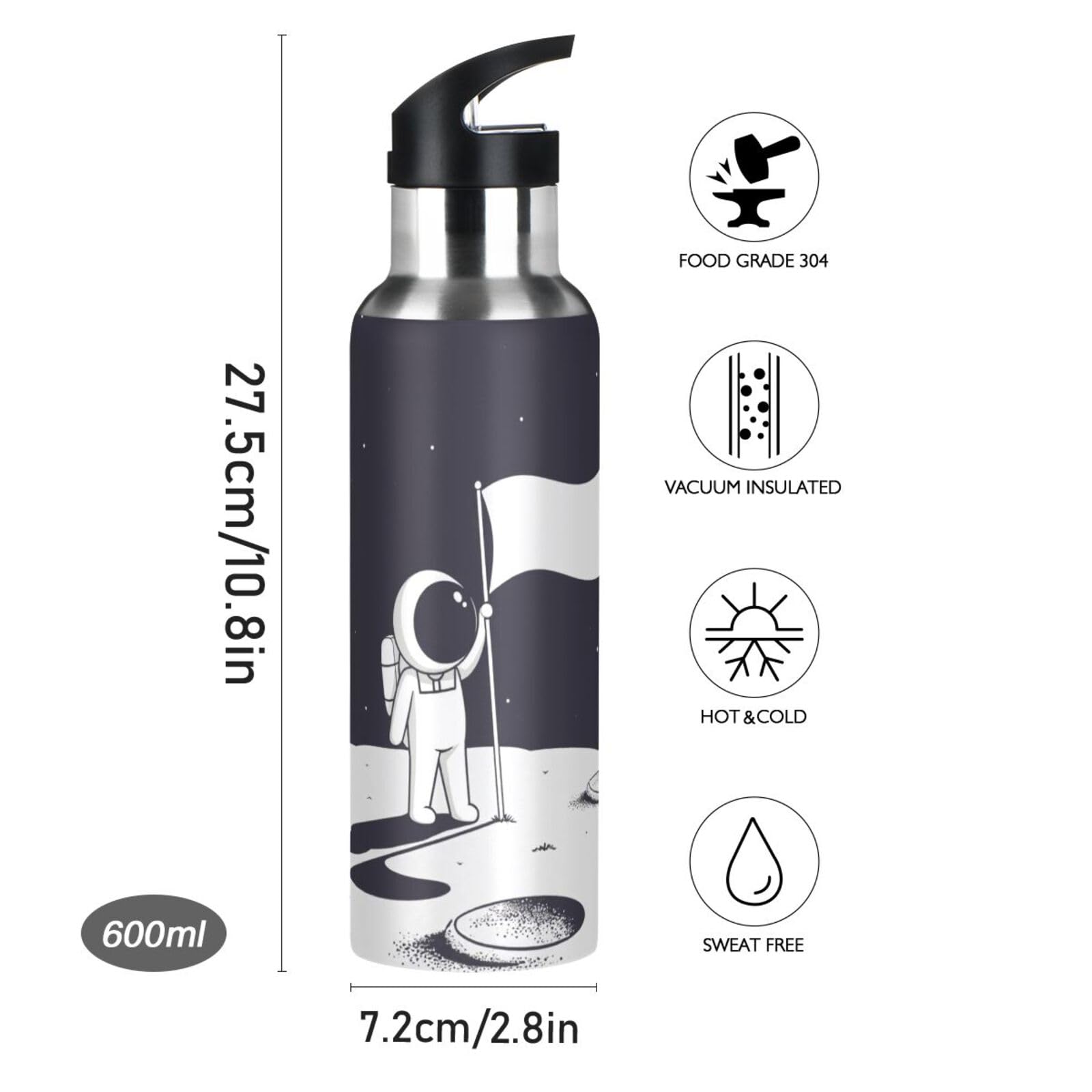 Botella de agua astronauta con tapa de paja negra de la nave espacial Marte Termo de agua para niños aislados de acero inoxidable, 20 onzas frío caliente