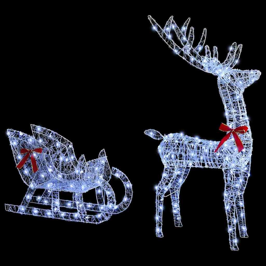 Trineo de Renos Blanco Frío 70 x 26 x 128.5 cm Acrílico, Decoración Navideña con Luces LED, para Interiores y Exteriores, Ciervos Decorativos Navidad