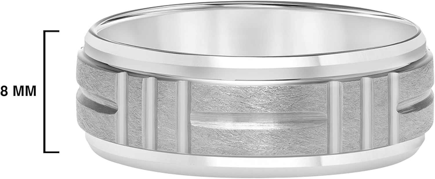 Men’s Tungsten Carbide Wedding Band – 8mm White Tungsten Ring Crystalline Sand Brushed Center, Horizontal & Vertical Line Engravings, Beveled Edges, Flat Profile, Comfort Fit, Anti-Scratch & - Image 4