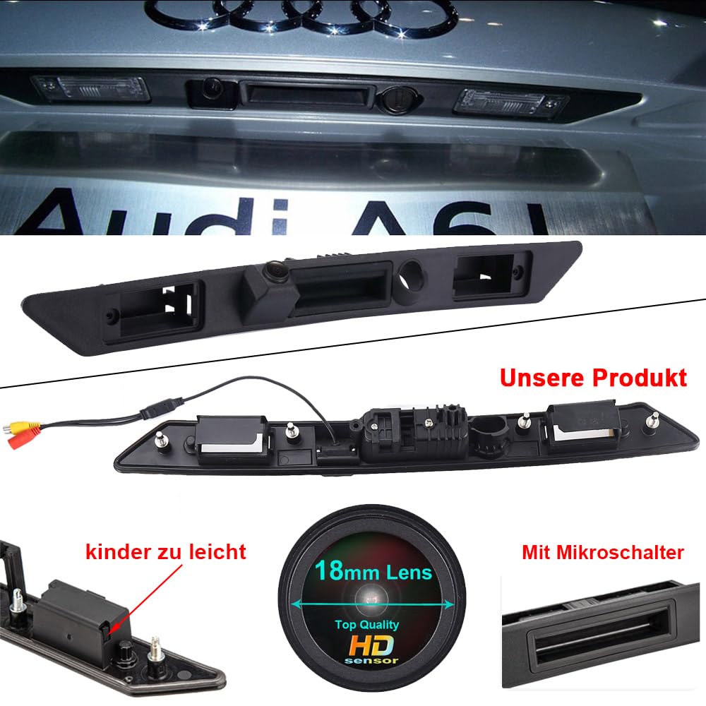 1280 * 720 Pixels Trunk Lid Grip Auto Rückfahrkamera Griffleiste Mit Taster Kofferraum Heckklappengriff Kamera Replacement for Audi A4 B6 B7 A3 A6 Avant Kombi S3 S6 A8 S8 RS4 RS6 A5 Q7 Einparkkamera