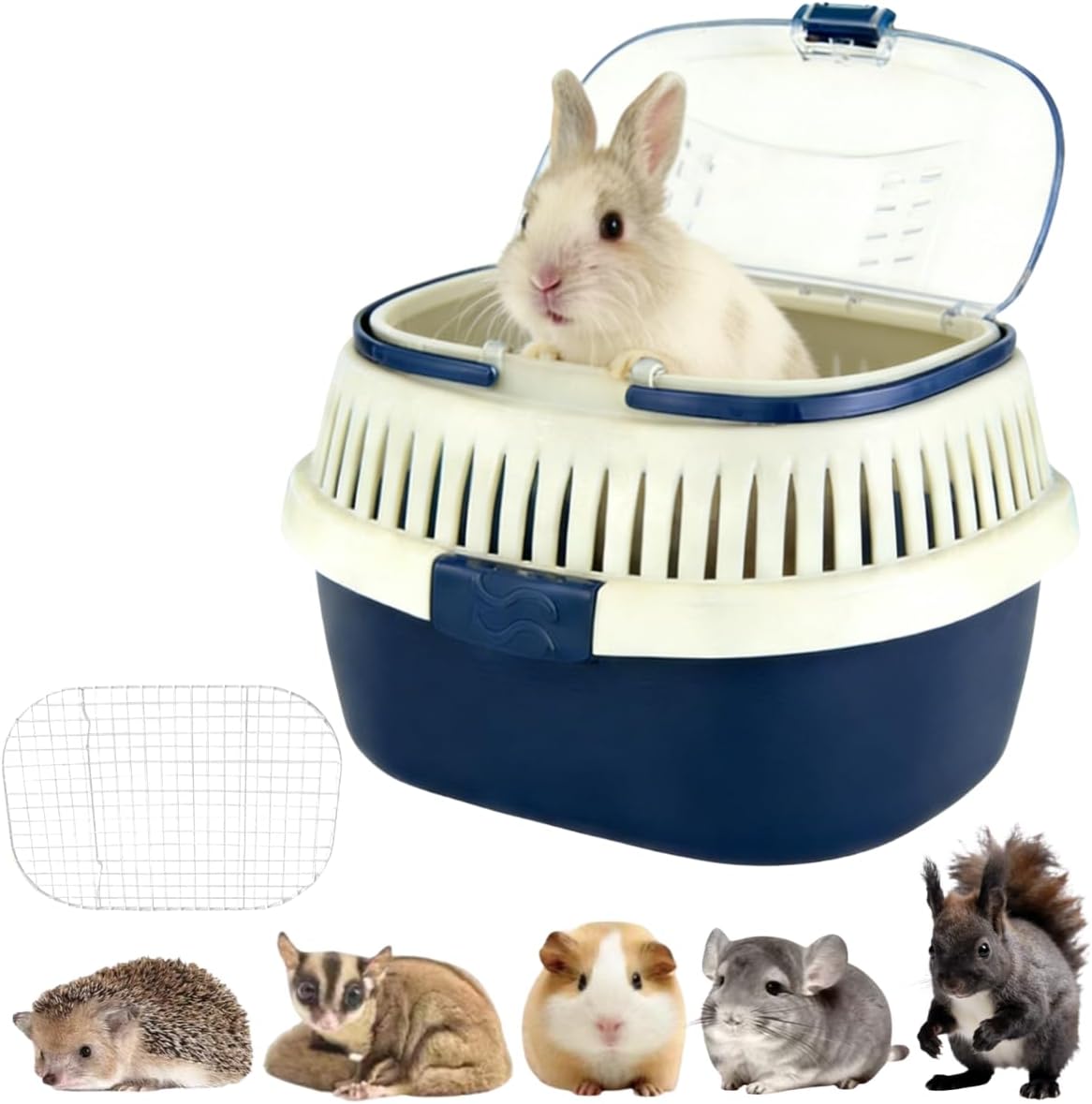 Rabbit Carrier with Removable Metal Mesh Portable Guinea Pig Travel Cage with Ventilation Holes Outdoor Small Animal Carriers for Rat Squirrel Sugar Glider Chinchilla Hamster (Navy Blue,Large)