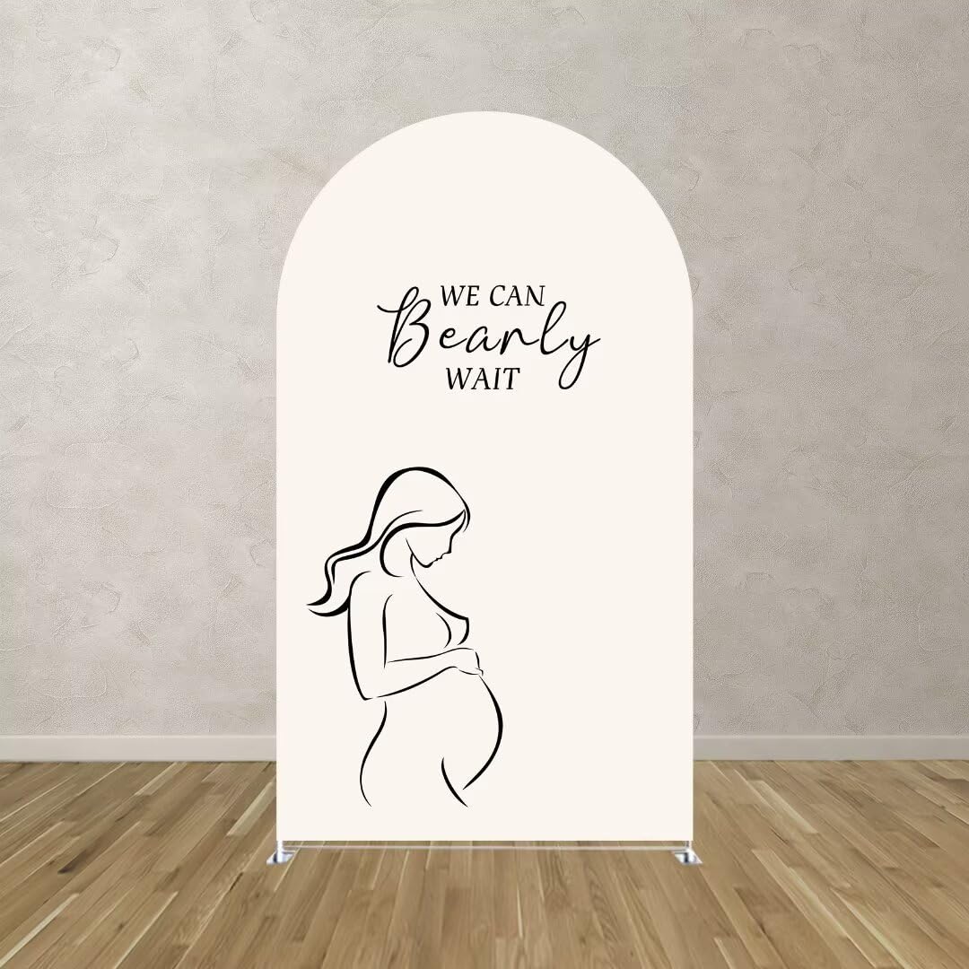 Iydamc Pregnant Woman Arched Fabric Backdrop Covers for Baby Shower We Can Bearly Wait Theme Arch Stand Cover Birthday Parties Decorations Props (2.6x6FT)