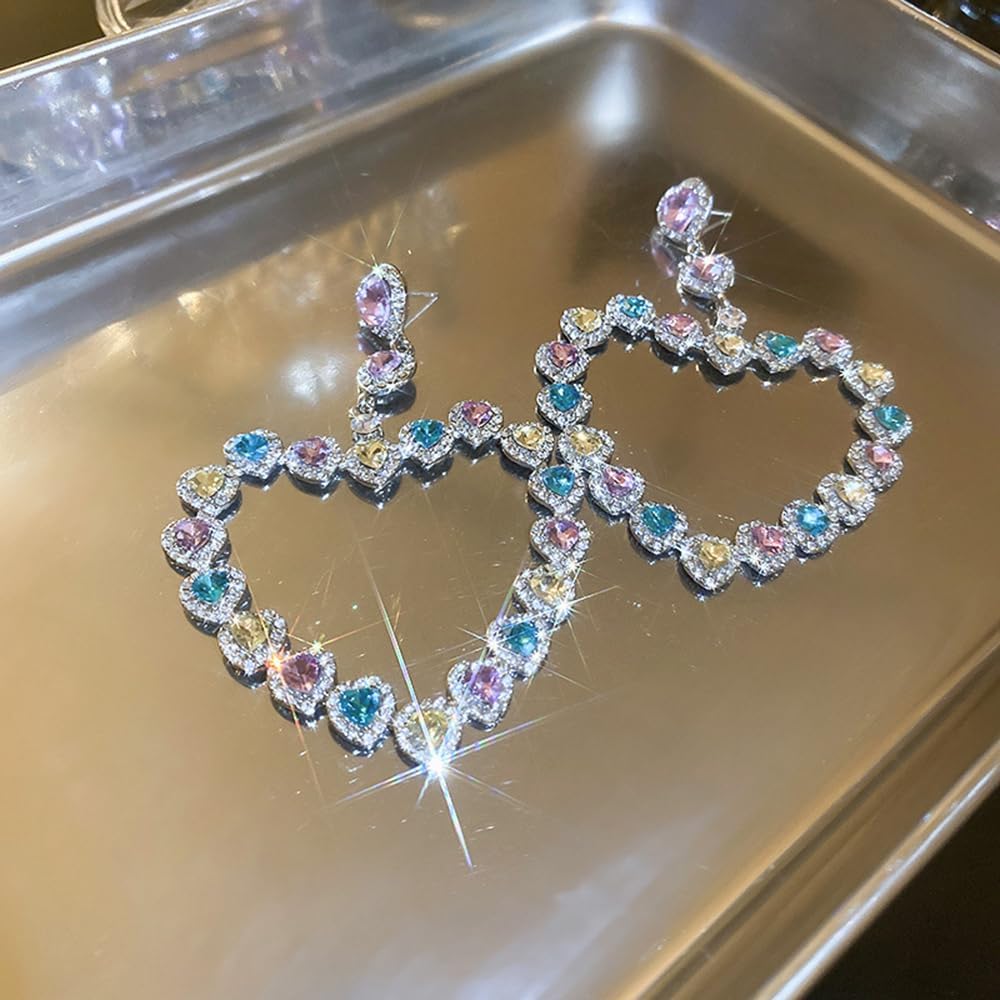 Xerling Hollow out Multi-colored Rhinestone Big Heart Earrings Crystal Heart-shaped Earrings for Women - Image 4