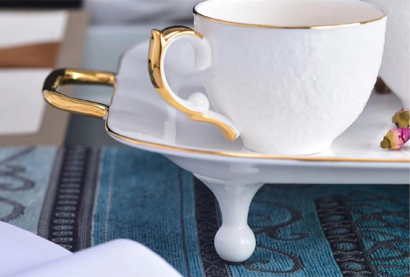 Juego de taza de té y café de 192.8 g, 21 piezas, taza de té en relieve esmaltada de colores blancos con platillo a juego, porcelana fina de hueso, servicio para 6 pulgadas
