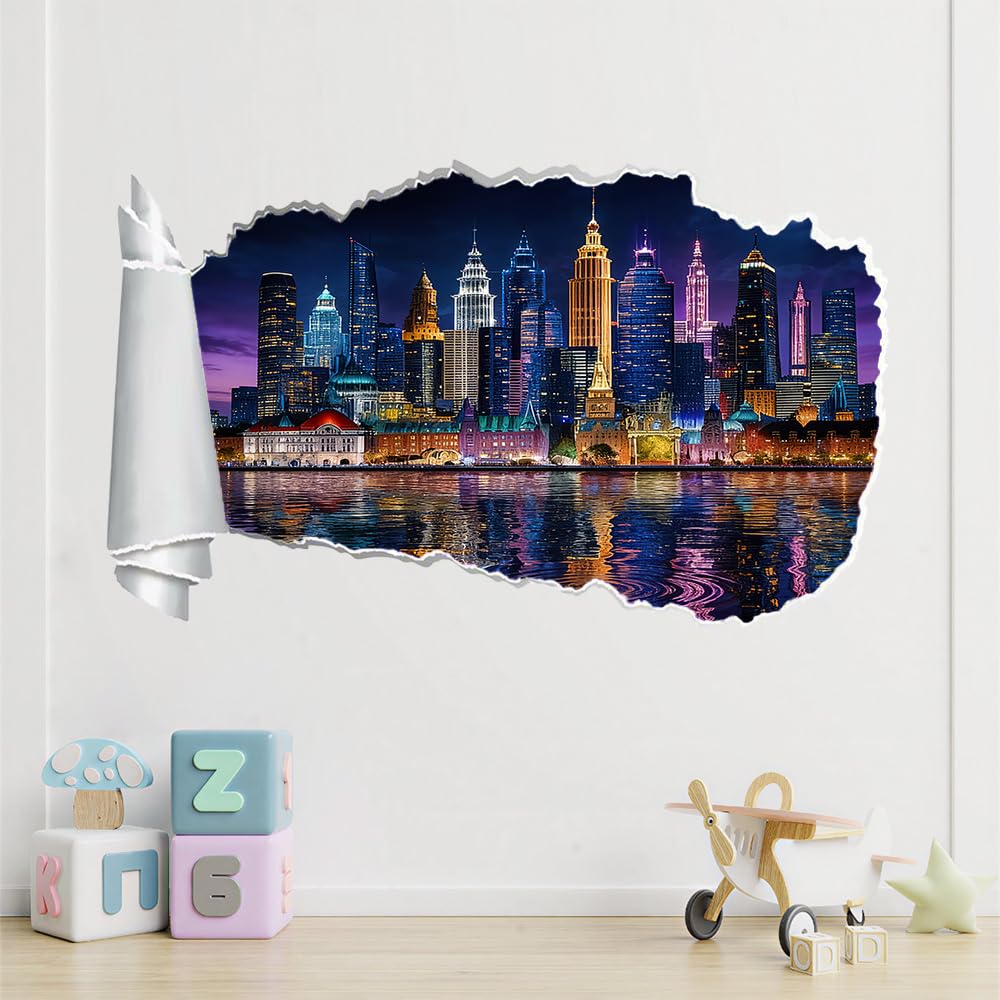 3D Wandtattoos Durchbruch Wandbild Stadtsilhouette Kinderzimmer Aufkleber Wandaufkleber Nachtansicht Wandsticker für Kinderzimmer Junge Zimmer Wohnzimmer Schlafzimmer