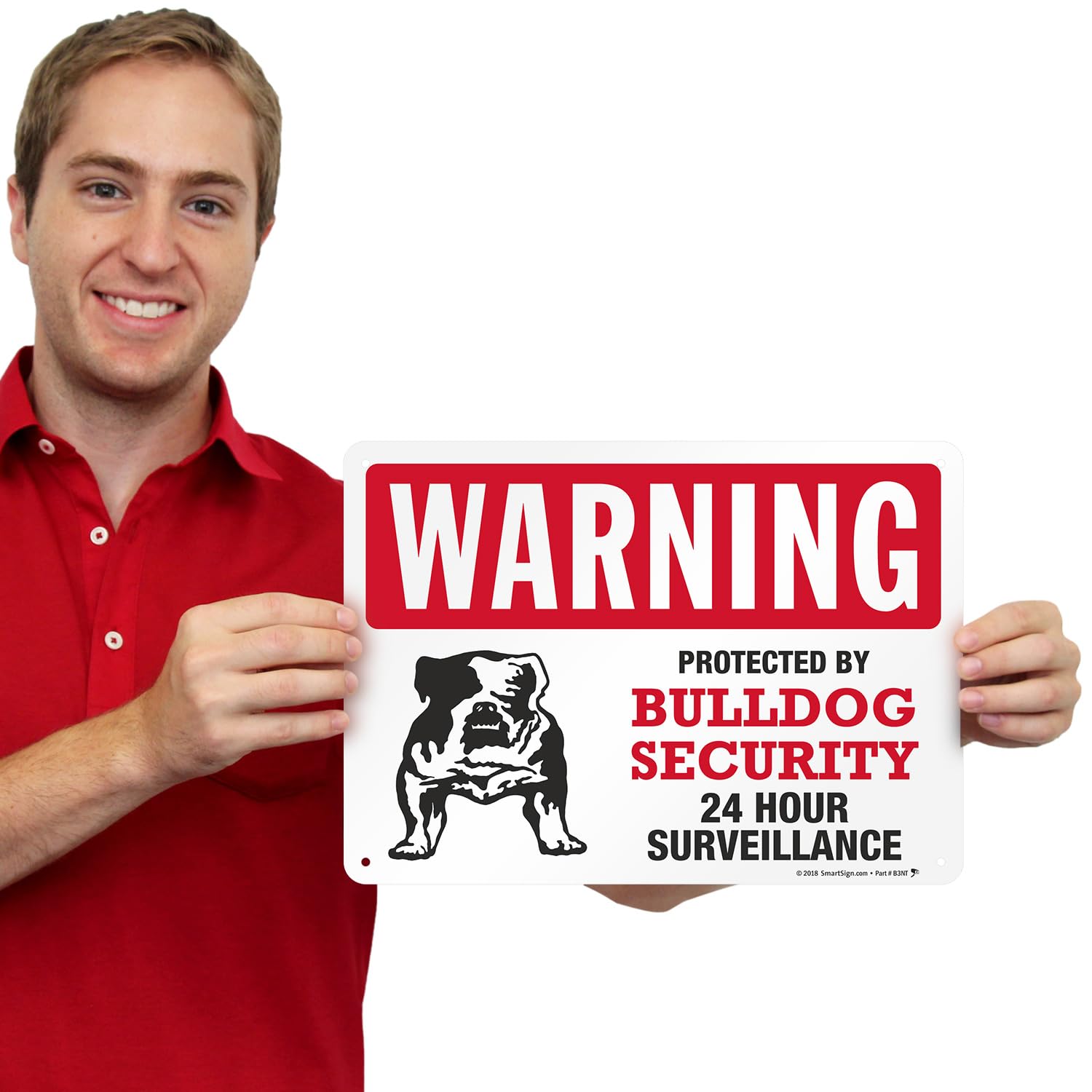SmartSign 10 x 14 inch “Warning - Protected By Bulldog Security, 24 Hour Surveillance” Metal Sign, 40 mil Laminated Rustproof Aluminum, Red, Black and White, Made in USA
