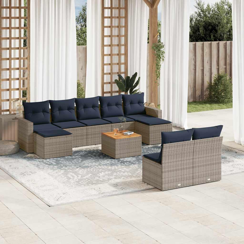 Conjunto jardín 10 Piezas poliratán Gris con Cojines, Modular y Resistente para terraza, Patio o balcón, Incluye Mesa, sofá, sillón, reposapiés y Almacenamiento práctico