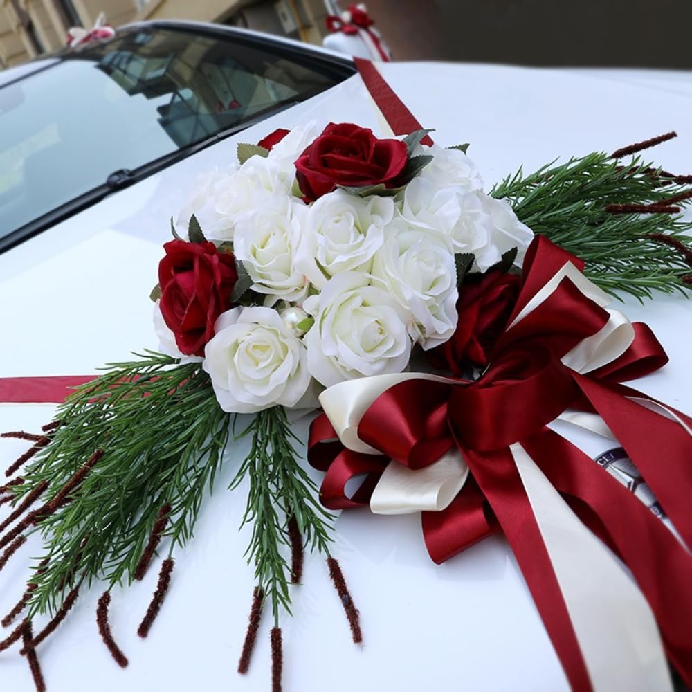 Wambere Autoschmuck,Dekoration Hochzeit Car,Auto Wedding Deko Girlande,Auto schmuck,Seidenblumen für Hochzeitsauto,PKW Rose Dekoratio,Schmuckgirlande für Motorhaube,für Hochzeit Party,Rot