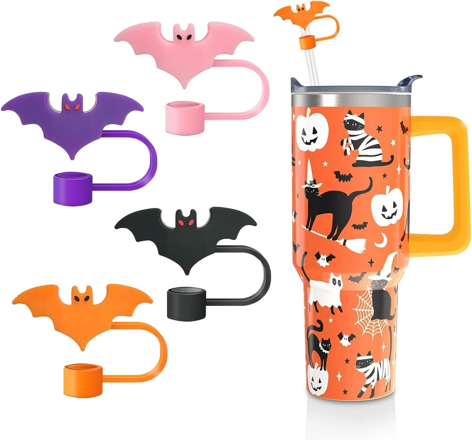 Halloween Bat Stanley Cover for Stanley Cup, 4Pcs Bats Straw Toppers Cute Pink Black Purple Orange Straws Tips Lids 10mm/0.4In Silicone Halloween Straw Caps for Party Decor Cup Accessories