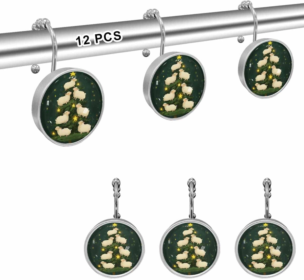 Shower Curtain Hooks 12 Pcs Christmas Xmas Tree Cute Sheep Night Star Stainless Steel Rust Proof Rolling Shower Curtain Rings, Decorative Shower Curtain Hooks Hangers for Bathroom
