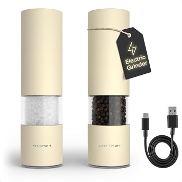 LARS NYSM Electric Salt and Pepper Grinder Set I Automatic Salt and Pepper Mills with Adjustable Ceramic Grinder I USB Rechargeable Electric Spice Mill Set with LED Light Almond Beige