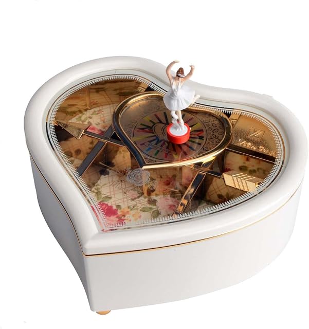 Saim Musical Jewellery Box, Heart-Shaped Music Box with Dancing Ballerina White Jewel Storage Case For Girls Women