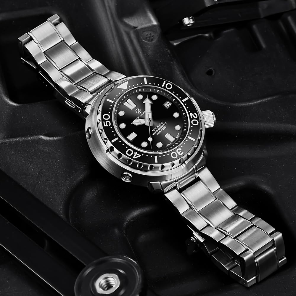 PAGRNE DESIGN Herrenuhren Automatische Armbanduhr Kratzfestes Synthetisches Saphirglas mit Datumsanzeige Gummi-Umweltschutzarmband