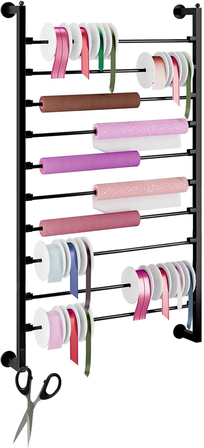 10-Tier Wall Mounted Ribbon Holder Rack, Heavy-Duty Metal Organizer for Wrapping Paper, Craft Supplies, Gift Packaging, Flower & Cake Shop Display, Belt Scarf Towel Storage – Black