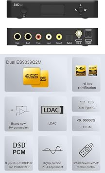 Topping D50 III DAC Preamplifier - LDAC Bluetooth 5.1 Dual ES9039Q2M D/A Chips Supports DSD512 PCM768kHz,PEQ Adjustment and Remote Control (Black)