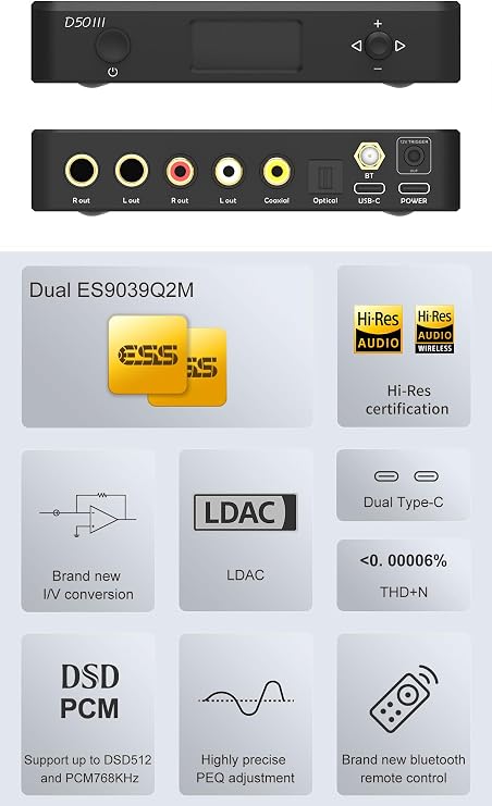 Topping D50 III DAC Preamplifier - LDAC Bluetooth 5.1 Dual ES9039Q2M D/A Chips Supports DSD512 PCM768kHz,PEQ Adjustment and Remote Control (Black)