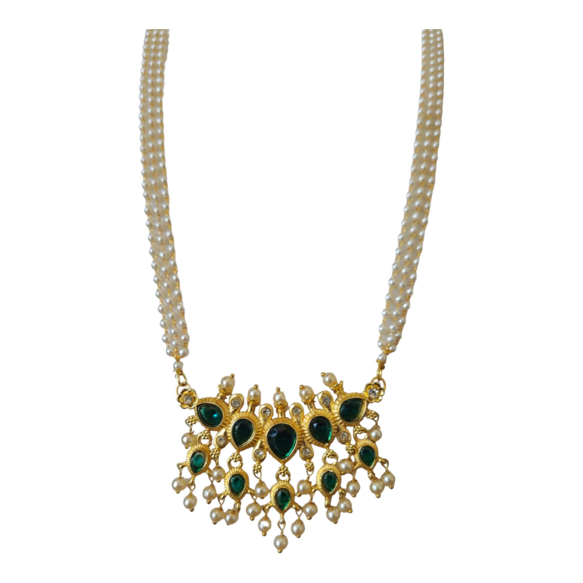 AAIKUTraditional Maharashtrian Tanmani Pandent & Long White Color Moti Necklace Set, Adjustable Chain for Women & Girls 32 Inch