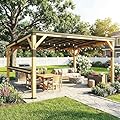 Outsunny 10' x 14' Wooden Gazebo with Galvanized Steel Sloped Roof, Hardtop Lean-to Gazebo Pergola with Bar Shelf, Large Heavy Duty Awning for Patio, Deck, Backyard, Natural Wood